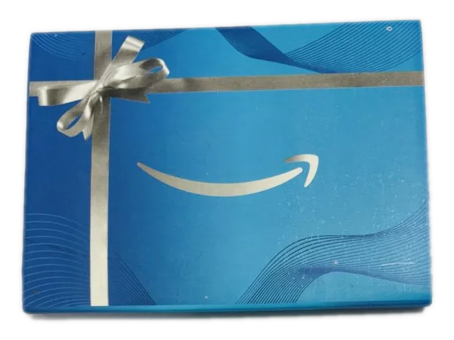 Light blue gift box with white paper Amazon gift card
