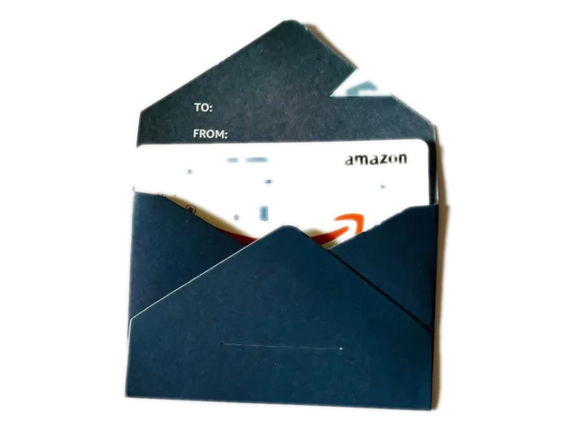 Blue envelope with white paper Amazon gift card